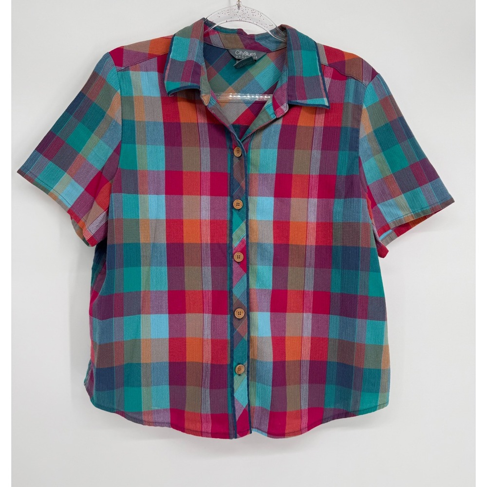 CityBlues by Koreto Sz PL Plaid Short Sleeve Button Down Shirt Multicolor